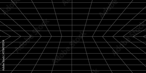 Futuristic perspective grid box. Abstract wireframe with white grid line on black background. Virtual reality landscape in 80s 90s digital style. Vector illustration.