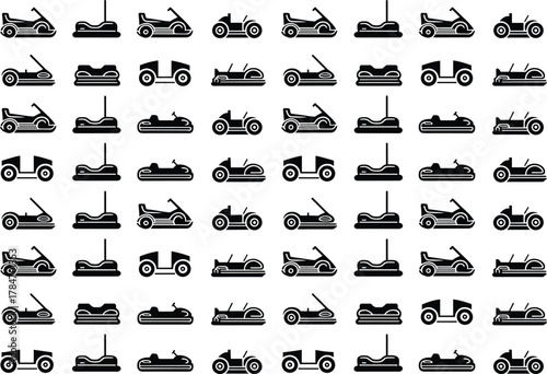 Seamless pattern of vintage car silhouettes, racing cars, bumper cars, and convertible vehicles, isolated black automobile icons for transportation design, vector background illustration art