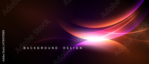 Abstract design features vibrant curves, gradients. Purple, orange hues dominate dark background. Light radiates from central point.