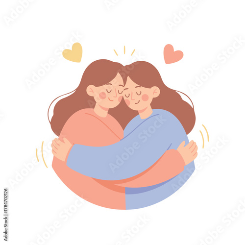 Two Smiling Women Embrace Each Other Showing Friendship and Affection With Soft Colors and Hearts Floating Around Them in a Flat Vector Illustration Style
