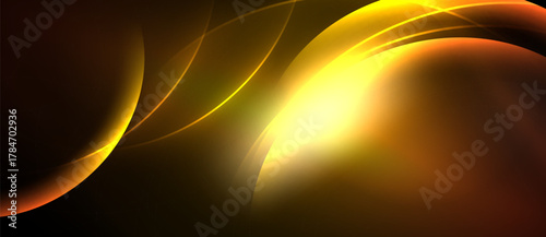 Abstract golden curves flow across dark background. Bright light emanates from central point, creating dynamic visual effect.