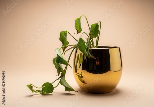 A dying and wilting houseplant in a shiny gold pot. Concept of neglect, sadness, and failure with copy space on a beige background
