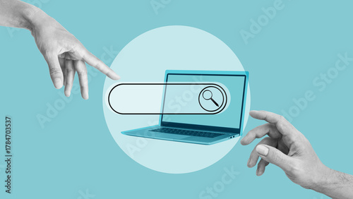 The hand inputs keyword and click to internet search page on laptop. Online search of information, web navigation and digital interaction