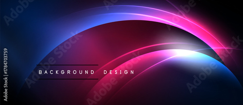 Abstract neon lights create dynamic curved shapes. Dark background emphasizes vibrant colors, modern design elements.