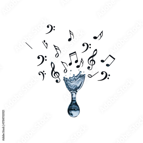 Water glass with musical notes floating above, isolated on transparent background, creating a harmonious blend of elements