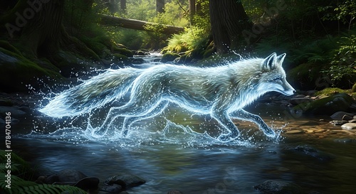 Luminous celestial fox spirit dashes through a tranquil river in a magical, sun-dappled green forest