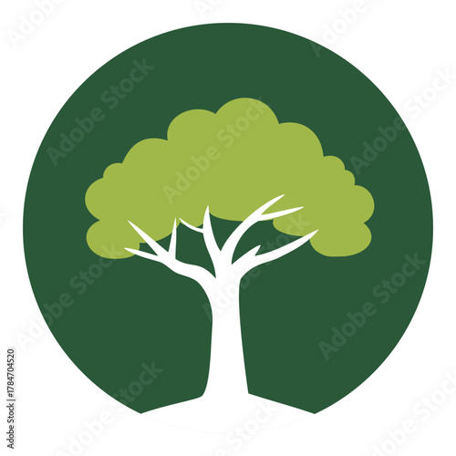Green tree icon or logo design in a dark circle representing nature environment sustainability growth and organic life vector graphic