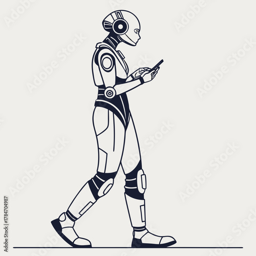 Futuristic android robot walking and using a smartphone