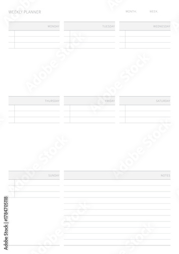 A weekly plan design template in a modern, simple, and minimalist style. Note, scheduler, diary, calendar, planner document template illustration.