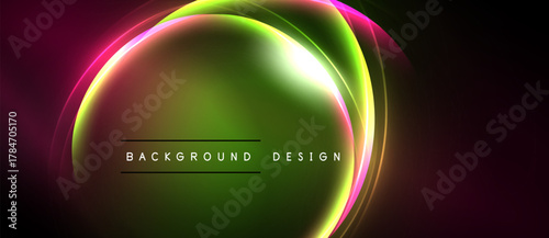 Abstract neon circles overlap, creating vibrant green, pink glow. Dark background emphasizes luminous design elements. Simple text reads background design.