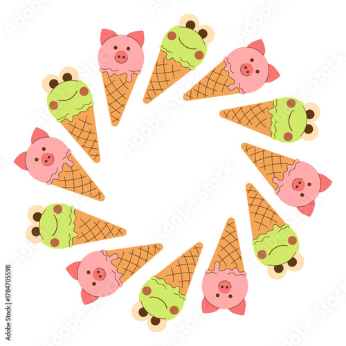 Circular frame made of ice cream scoops shaped like pig and frog, arranged in circle, hand drawn in flat style. Cute text box isolated on transparent background. EPS10 vector illustration
