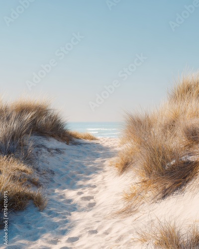 Sandy pathway through beach dunes leading to the ocean under clear blue sky, peaceful coastal landscape with dry grass and sunlight
