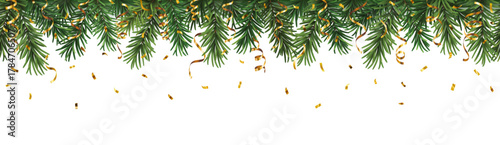 Decorative vector border with green christmas branches and gold streamers and falling confetti - seamless pattern