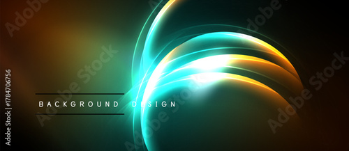 Abstract luminous curves create dynamic background. Bright colors blend, forming elegant design elements. Dark space emphasizes glowing shapes.