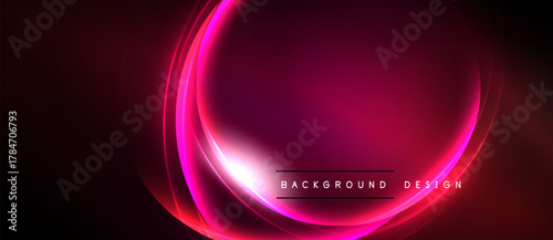 Abstract neon glow, pink hues dominate dark background. Circular layers create dynamic visual effect. Modern design element.