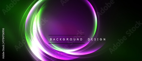 Vibrant neon circles overlap dark background. Green, purple, white hues create dynamic visual effect. Text reads background design.