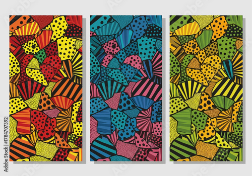 Vibrant Pop Art Memphis Style Abstract Geometric Triptych - Retro Pattern Vector Set