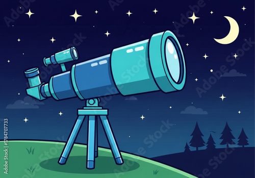 Telescope on a tripod under a starry night sky with a crescent moon