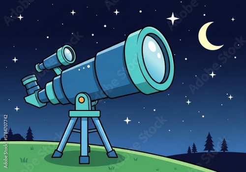 Telescope on a tripod observing the night sky with stars and moon