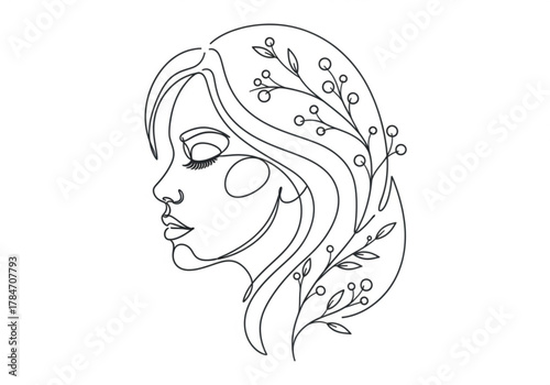 Minimalist line art of a womans face with floral elements