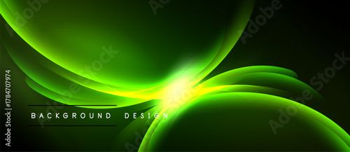 Abstract green design features flowing curves, bright central glow. Dark background emphasizes luminous shapes, creating dynamic visual effect.