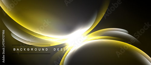 Abstract golden waves radiate from bright center. Dark background enhances luminous curves, creating dynamic visual effect. Smooth gradients define shapes.