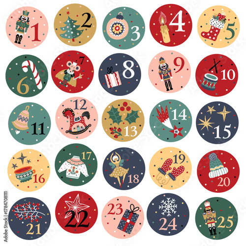 Nutcracker christmas advent calendar design. Colorful  illustration, background for calendar, wall decor, card, banner etc.