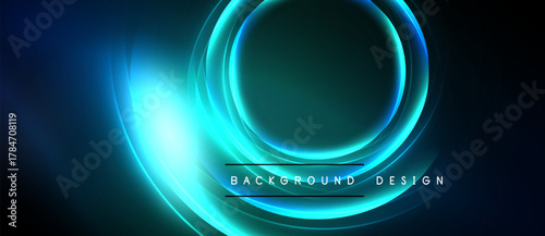 Abstract neon lights create circular shapes. Dark background emphasizes glowing blue, turquoise elements. Modern design for digital visuals.