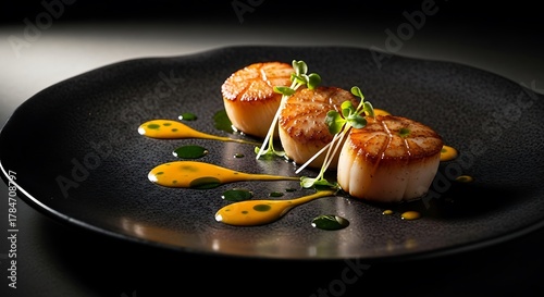 Elegant pan-seared scallops with a vibrant passion fruit sauce, a gourmet recipe presentation for fine dining