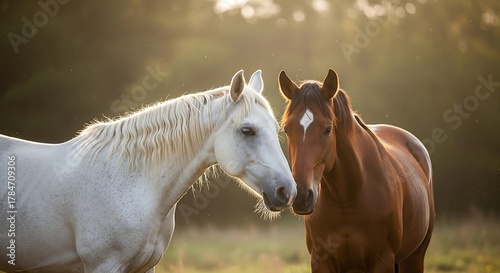 two horses at golden hour interacting peacefully in a meadow symbolizing equine companionship and natural beauty for animal welfare campaigns