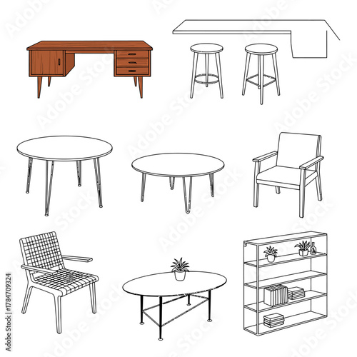 furniture design rendering furniture vector line art for interior design projects showcasing minimalist style perfect for architectural presentations and home decor blogs.