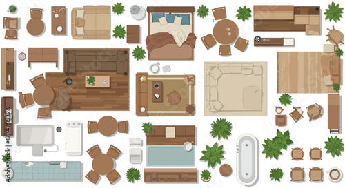 floor plan layout with furniture and plants top view showing bedroom living room kitchen and bathroom for interior design projects.
