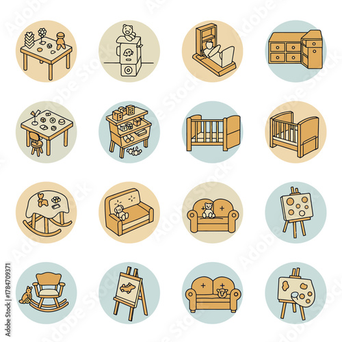 Kids room furniture icons featuring toddlers table bed sofa and easel designed for childrens playroom decor and educational illustrations