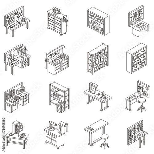 isometric workshop furniture icons workstations shelving units tool boards for garage or hobby room projects showcasing organization  efficiency