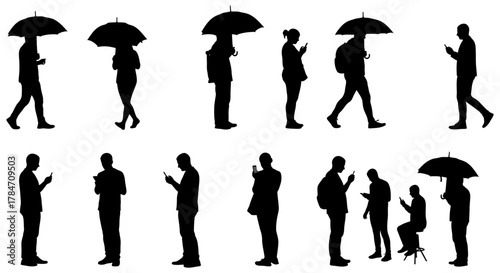 People using phone silhouettes diverse crowd using smartphones in public ideal for illustrating modern communication and urban lifestyle tech addiction