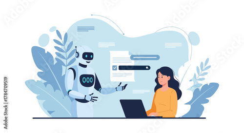 ai assistance businesswoman using a laptop with a helpful robot offering solutions for a search query in a tech office illustrating ai support