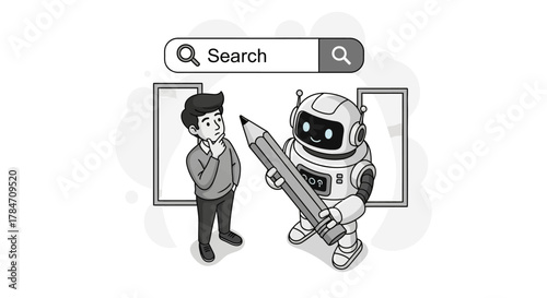 AI content creation assistance thoughtful man pondering robot writer holding a pencil generating new content for blog header illustration