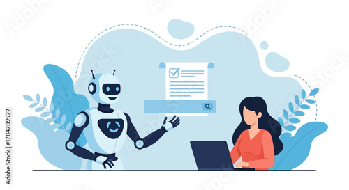 AI assistance for business Woman uses laptop with AI for search enhancing productivity in modern office ideal for tech  business blogs.