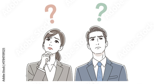 Confused business people thinking questioning corporate strategy brainstorming in the office representing business challenges problem-solving decisions and doubt.