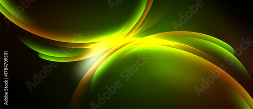 Abstract floral design. Vibrant green, yellow hues blend. Smooth curves create organic shapes, glowing effect present. Dark background emphasizes luminosity.
