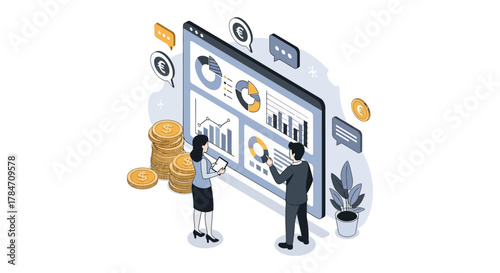 financial analysis review team analyzing charts graphs on screen with currency illustrating market trends and insights for investment decisions