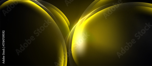 Abstract golden shapes overlap, creating luminous curves. Dark background emphasizes bright, flowing forms. Minimalist design, modern aesthetic.