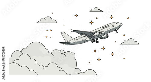 Airplane taking off in the sky with clouds and stars depicting air travel and aviation useful for travel blogs or illustrating flight concepts.