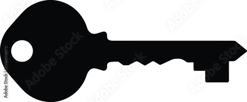 Black Silhouette of Traditional Key with Round Head and Notched Blade for Security, Access Control, Lock Mechanism, and Protection Concepts