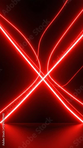 Dynamic red neon lights on black backdrop, creating intersecting, futuristic visual
