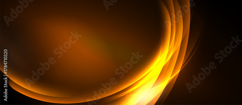 Abstract golden waves flow across dark background. Warm tones create dynamic, elegant visual effect. Smooth curves suggest movement, energy.