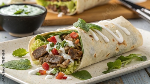Savoring the flavors of lamb burrito with refreshing mint yogurt sauce on a sunny afternoon
