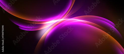 Abstract swirls, vibrant purple hues dominate. Soft gradients create luminous effect, dark background emphasizes bright shapes.