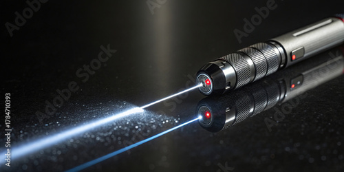 Bright laser beam creates stunning reflections on a sleek black surface in a darkened environment