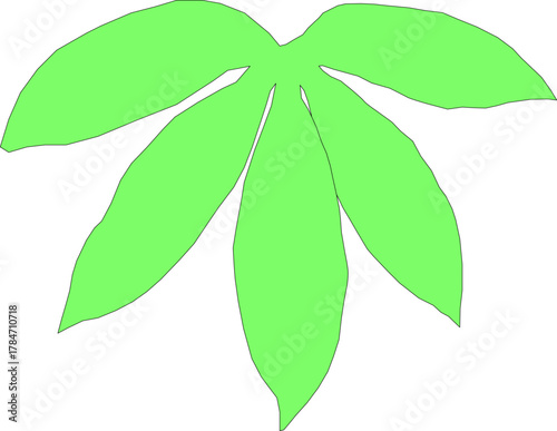 Simple digital illustration of a bright green cassava or cannabis leaf with five lobes on a white background. Isolated vector graphic for nature, food, or herbal concepts.